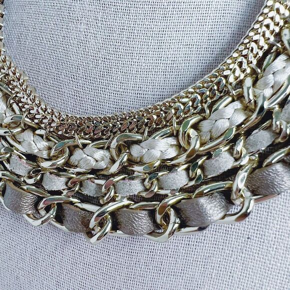 WHBM Gold Chain Multistrand Bib Necklace Leather Braiding Statement Choker - Picture 3 of 7